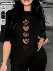 Camiseta con estampado de  Gráfico    Casual    Poliéster    mujer  Diario    primavera - Negro - Ver 1