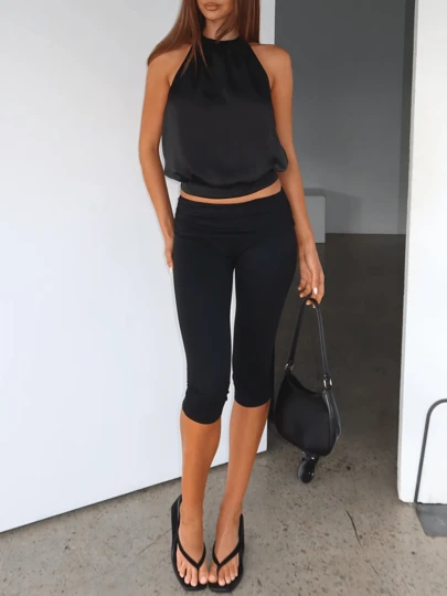 Fold Over Capri Leggings For Women Knee Length Gym Yoga Crop Pants Stretch Low Rise Athletic Bottoms