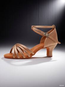 1 Pair Latin Dance Shoes For Adult Women, Soft Sole, Mid Heel, Satin Material, Professional Dance Studio/Dancer's Practice Shoes