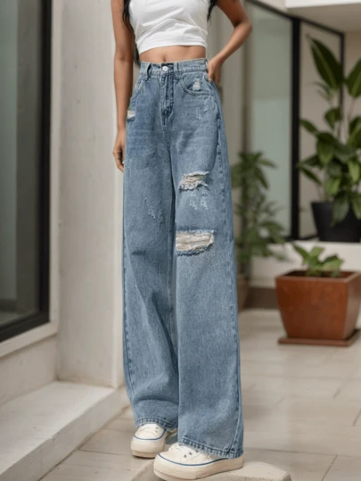 女式纯色口袋拉链破洞休闲牛仔裤，时尚街头简约日常穿着，适合春、夏、秋季，百搭