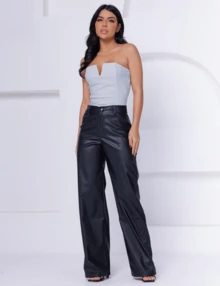 Women's Black Leather Pants Wide Leg High Waist Wide Leg - Black - View 3