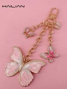 HAILIAN 合金材质制作的金属链条包包吊坠，蝴蝶图案，渐变蝴蝶，珍珠蝴蝶，镶钻蝴蝶，可作为包包吊坠，汽车钥匙扣，生日节日礼物 - 粉色 - 查看 2