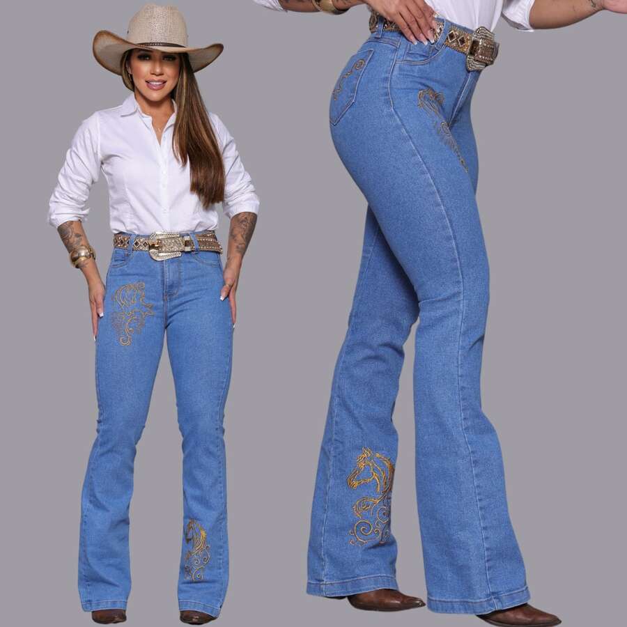 Women's Country Jeans Embroidered Flare Western Rodeio Muladeira With Elastane - Bordado ligero acampanado - Ver 1