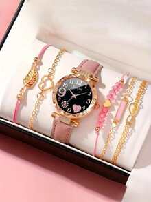 6 Stück/Set Quarz Sternenhimmel Zifferblatt Uhr mit PU Lederarmband und Seil mit schwarzen Perlen Liebe Armband, schwarze geometrische quadratische Figur, Blatt 5-teiliges Set, geeignet für den täglichen Lässig-Stil, einfach und elegant, die beste Wahl für Halloween, Weihnachten, Valentinstag, Muttertag, Urlaubsgeschenke