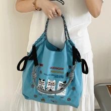 New Women's Crossbody Bag Nylon Shopping Bag Cat Embroidery Lightweight Tote Bag Folding Storage Suitable For Commuting Travel Leisure Outdoor Party Holiday Gifts,Large-Capacity Handbags, Commuter Bags, Ladies' Bags,Bags For Women