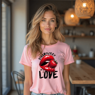 T-Shirt Blusinha Feminina Estampa Morango Manga Curta Algodão