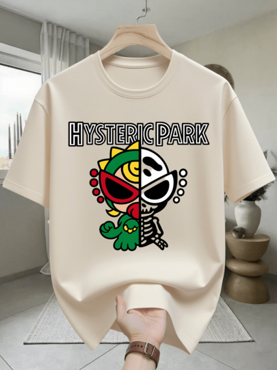 HY STERIC PARK プリント ブラック 半袖Tシャツ ,メンズ 220gsm 新作 夏 カジュアル クルーネック 純綿 半袖 Tシャツ (1 枚)