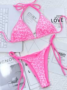 Europe & America Vacation Style Women's Sexy Tie Halter Pink Leopard Print Bikini Two-Piece Set - Multicolor - View 4