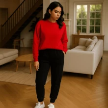 Kit Conjunto Feminino Moletom Gola Redonda Careca e Calça Flanelado Estampado Liso Básico Quente Confortável - Vermelho - Visão 1