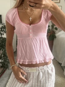 Women Y2k Fairycore Babydoll Shirt Top Plaid/Solid Color Lace Trim V-Neck Short Sleeve Button Front Ruffle Hem Gingham T Shirts Crop Tops Teen Girls Grunge Going Out Tunic Tops Cute Flowy Tee Vintage Aesthetic Clothes Casual Daily Streetwear - Màu Hồng Tươi - Xem 4