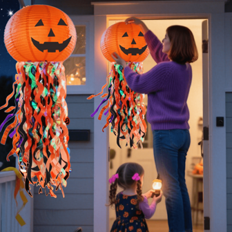 35in Halloween Pumpkin Shaped Paper Lantern With Colorful Transparent Film, Wave Ribbon, Jack-O'-Lantern Design, Horror Elements Home Decor Halloween Decor Fall Decor Room Decor Autumn Decor