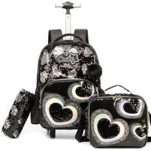 Girls Rolling Backpack For School With Wheels 3PCS Set Of Kids Luggage Backpack With Pencil Case And Lunch Box Back To School