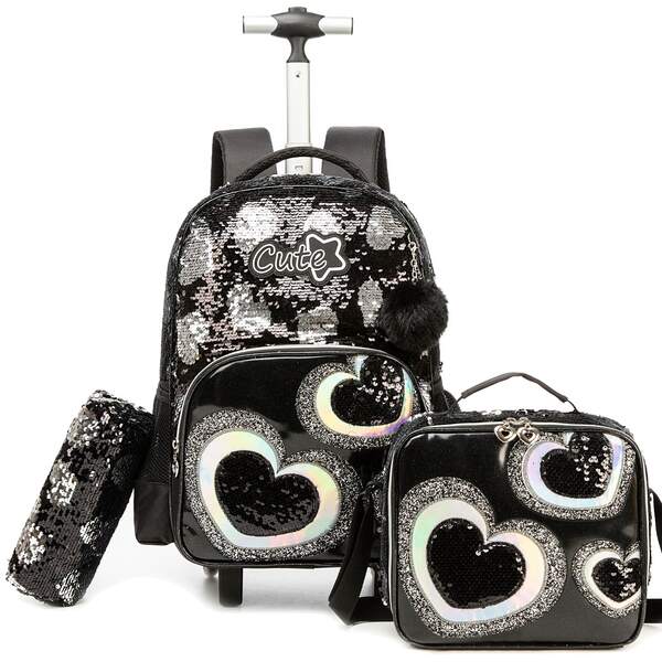 Mochila con ruedas para niñas para la escuela, set de 3 piezas de equipaje para niños con mochila, estuche de lápices y lonchera para volver a la escuela