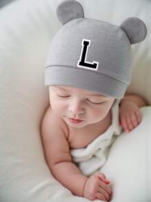 1pc Newborn A-Z Letter Hospital Hat, Cartoon Bear Ear Soft Solid Color Knit Beanie Cap For Baby Boys Girls, Newborn Photography 0-3 Months - Grey - View 3