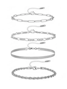 5 件 18K 镀金多层不锈钢女士精致手链，派对风格礼物，适合万圣节、圣诞节、女士珠宝、叠层金色手链 - 銀色 - 查看 16