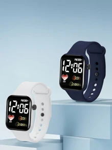 2pcs/1pc Kids Youth Student Love Design Casual TPU Material LED Digital Display Electronic Sports Watch For Daily Life Suitable For Couples Birthday Gifts Party Vacation Best Choice For Halloween, Christmas, Valentine's Day, Mother's Day, Holiday Gifts