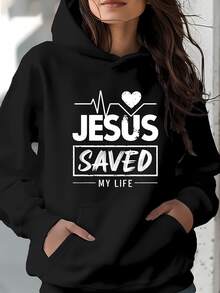 Jesus Saved My Life Hoodie, Women Plus Size, Long-Sleeve Hooded Style, Faith-Based Print, Ideal For Autumn/Winter, Meaningful Casual Wear, Comfortable Fit, Versatile For Church Or Daily Outings. - 黑色 - 查看 1