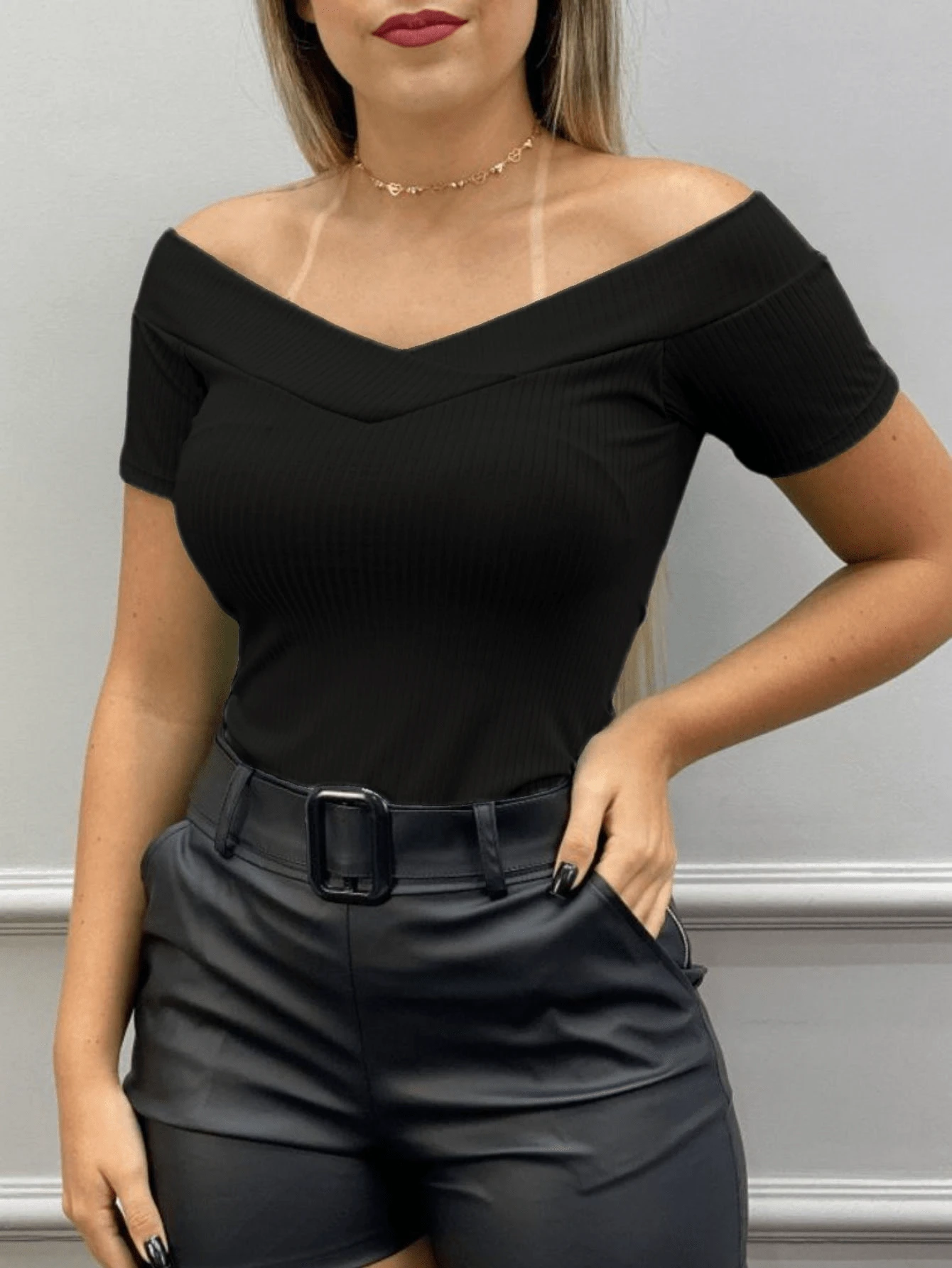 Women's Ribbed Off-The-Shoulder Short Sleeve Blouse, Super Fashionable!! - PRETOSS - 查看 1
