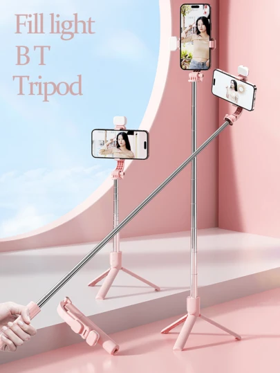 Bärbar selfie-stav, utdragbar telefonselfie-stav med inbyggt ljus, professionellt livestreaming-stativ, trådlöst fjärrstyrt 360° roterande smartphone-stativ, lämplig för vandring/resor/vlogg/utomhusaktiviteter, kompatibel med iPhone- och Android-telefoner, lämplig för sommarsemester, resor, ljus, utomhusaktiviteter, livestreaming.