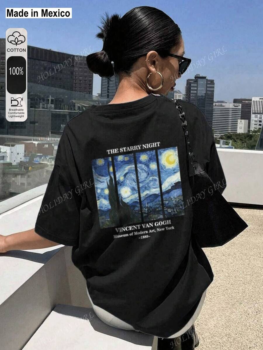Camiseta de Verano para Mujeres con Estampado de Letras Personalizadas, Cuello Redondo, Camiseta de Media Manga a la Moda y Versátil con Estampado de Cielo Estrellado de Van Gogh Camisetas Gráficas Mujeres Top Rosa Top Blanco Top Negro - Negro - Ver 1