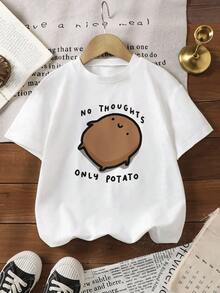 Girls' Cute TShirt With Funny Potato Cartoon Print,Short Sleeve Tee For Summer,Everyday Wear Soft Cotton Top - trắng - Xem 1