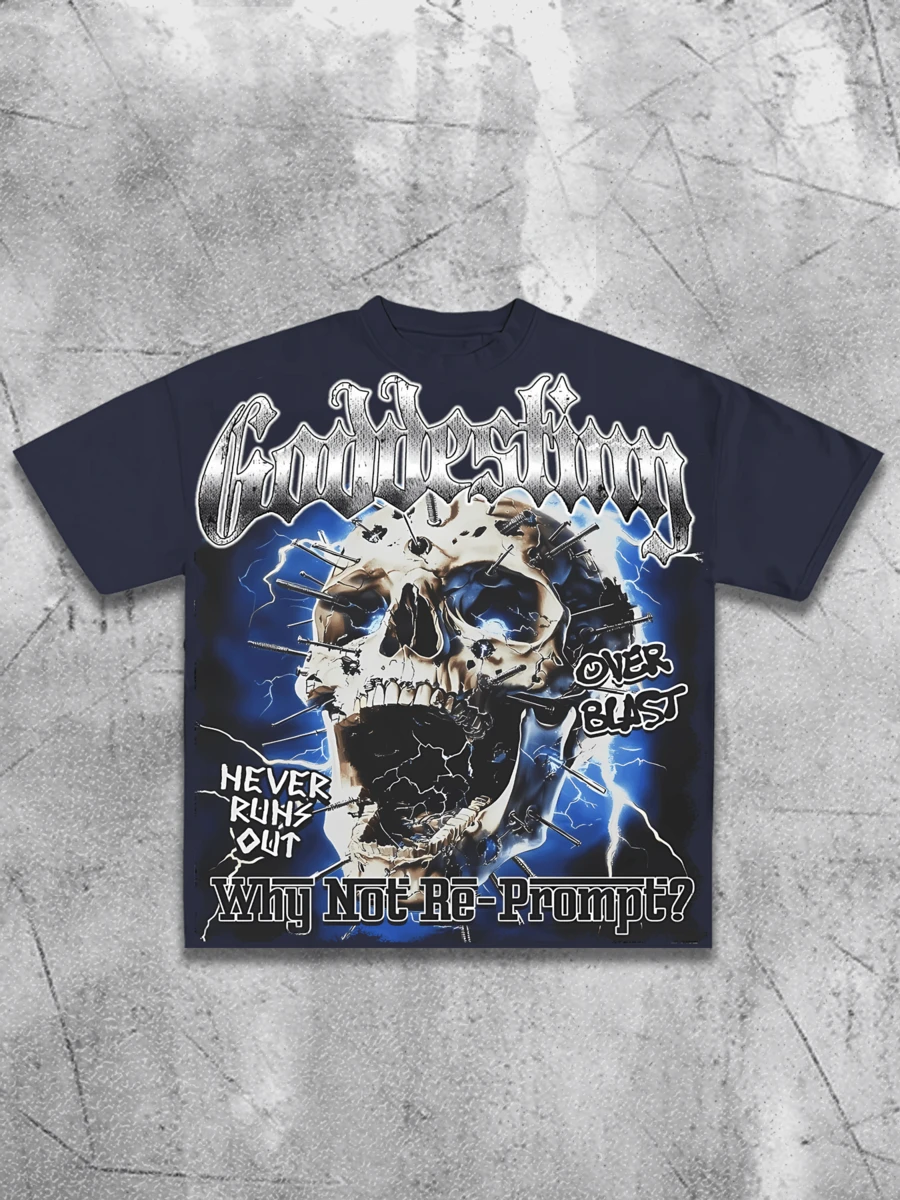 (220 Cotton T-Shirt)Men's Y2K Mechanical Rivet Skull Tee - " "OVER BLAST" Graphic T Shirt, Loose Cotton Tee,Suitable For Young Men And Women To Wear For Casual. - 藏蓝色 - 查看 1