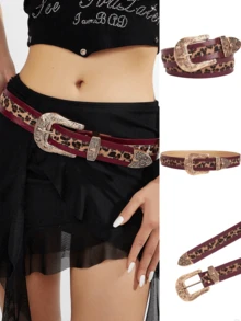 1pc Women's Retro Western Metal Buckle Burgundy Leopard Print Multi-Color Dragon Pattern Flower Belt Jeans Versatile Decorative Belt - Đường khâu họa tiết da báo màu đỏ tía - Xem 1