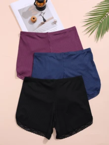 3pcs Women's Ribbed Lace Patchwork Comfortable Hipster Panties - Multicolor - View 2