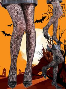 1 双黑色碎花渔网紧身裤，女士薄款蕾丝镂空网格连裤袜，适合春秋季的深色美学，藤蔓图案趣味万圣节/节日 JK 紧身连裤袜，透气透明性感紧身袜 - 黑色 - 查看 2