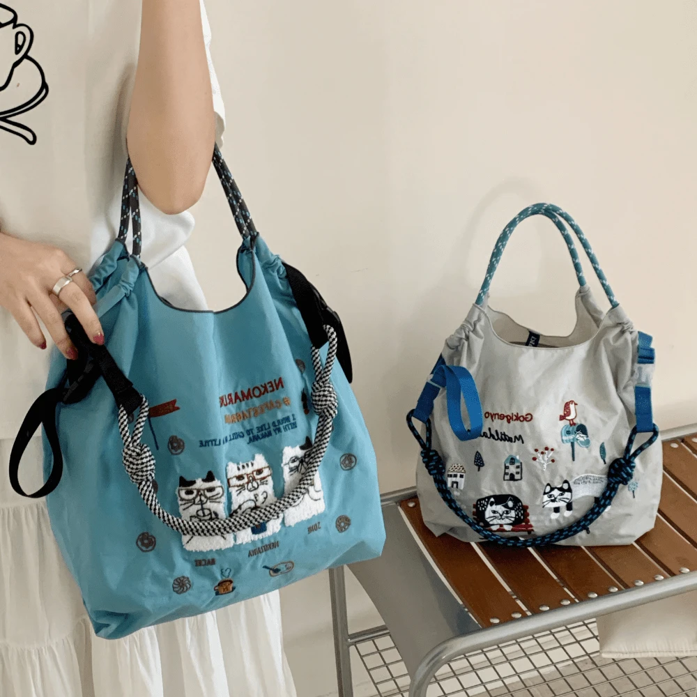 New Women's Crossbody Bag Nylon Shopping Bag Cat Embroidery Lightweight Tote Bag Folding Storage Suitable For Commuting Travel Leisure Outdoor Party Holiday Gifts,Large-Capacity Handbags, Commuter Bags, Ladies' Bags,Bags For Women