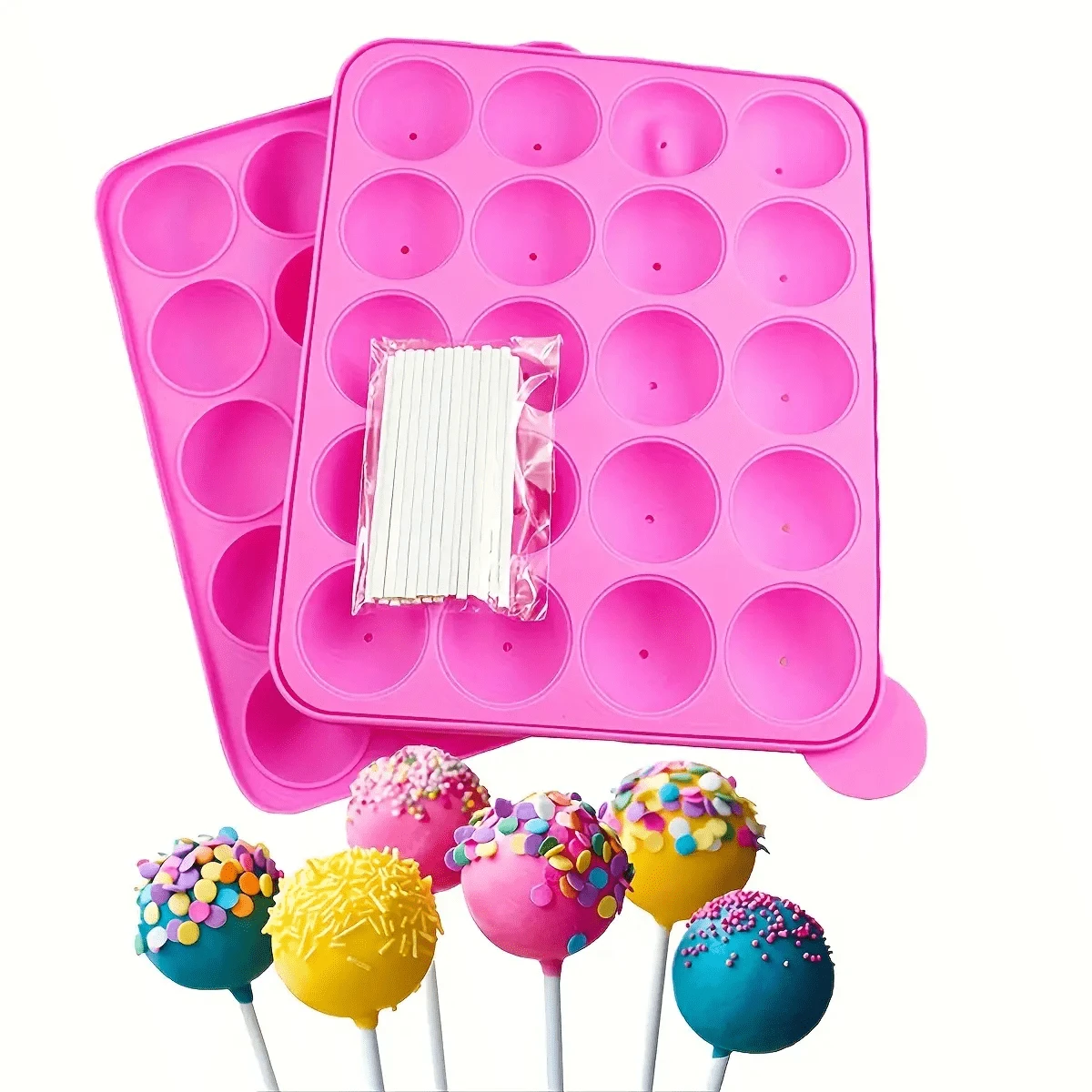 20 Hole Silicone Lollipop Mold With 20 Sticks - Perfect For Cake Pops, Chocolate And Candy Baking, Chocolate Molds - 粉紅色1個 - 查看 1