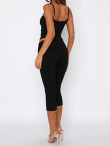 Fold Over Capri Leggings For Women Knee Length Gym Yoga Crop Pants Stretch Low Rise Athletic Bottoms - Black - View 8
