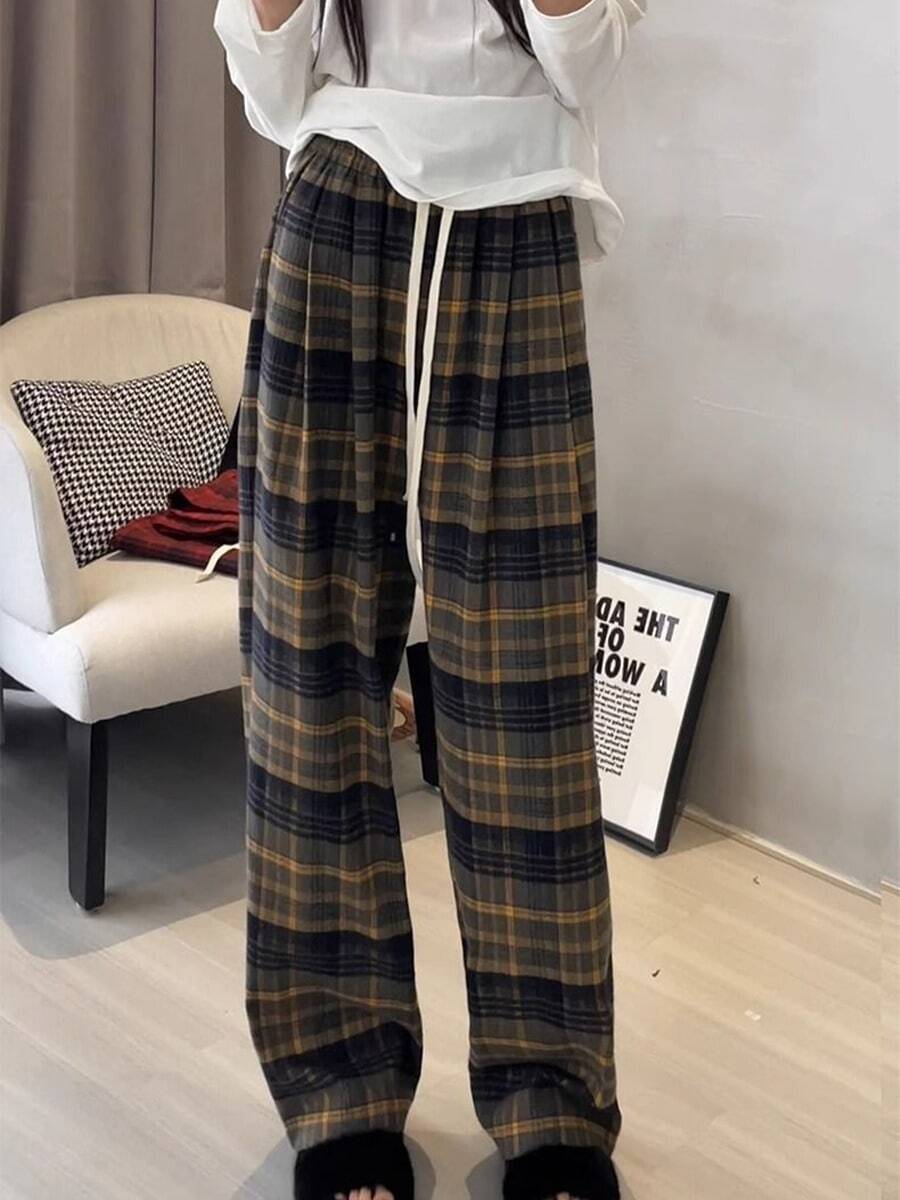 Las mujeres de primavera y otoño nuevo casual perezoso pantalones de pierna ancha cientos de pantalones de estilo retro americano molienda de lana a cuadros sueltos pantalones - Amarillo - Ver 1