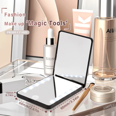 Espejo de maquillaje portátil LED mini con marco de dos tonos esmerilado y tres colores ajustables. Este espejo de maquillaje de mano para viajes es la opción perfecta para las chicas que quieren llevar un espejo de belleza con ellas cuando salen.