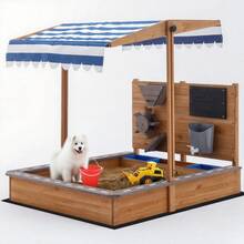 Wooden SandBoxes With Roof, Outdoor Sand Box Play W/Canopy For Backyard Garden Beach, Sand Pit For Beach Patio Outdoor, [Adjustable Cover & Funnel & Drawing Board] - 原木色 - 查看 7