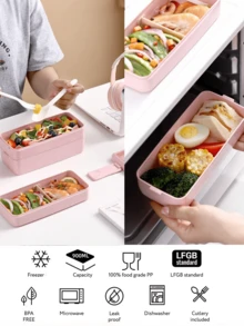 1 pieza Fiambrera de 3 compartimentos, diseño a prueba de fugas, con cuchara y tenedor, reutilizable, apta para microondas, caja portátil aislada para exteriores, juego portátil de preparación de comidas para adultos, útiles escolares, vuelta al colegio, artículos de cocina, regalo de Navidad - Multicolor - Ver 10