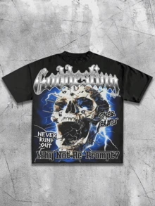 (220 Cotton T-Shirt)Men's Y2K Mechanical Rivet Skull Tee - " "OVER BLAST"   Graphic T Shirt, Loose Cotton Tee,Suitable For Young Men And Women To Wear For Casual. - 黑色 - 查看 1