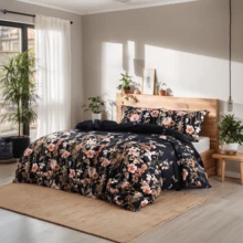 Black Floral Duvet Cover Set Full/Queen Comforter Cover Set 90"X90"Duvet Cover With Zipper Closure And 2 Pillow Shams Microfiber Soft Lightweight 3pcs Garden Farmhouse Plant Bedding Set - màu đen - Xem 5