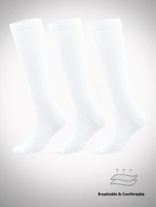 3 Pairs Breathable Solid Color Long Athletic Compression Socks - White - View 2