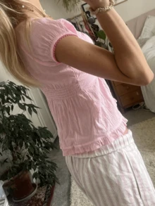 Women Y2k Fairycore Babydoll Shirt Top Plaid/Solid Color Lace Trim V-Neck Short Sleeve Button Front Ruffle Hem Gingham T Shirts Crop Tops Teen Girls Grunge Going Out Tunic Tops Cute Flowy Tee Vintage Aesthetic Clothes Casual Daily Streetwear - Màu Hồng Tươi - Xem 2