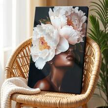 Elegant Black Art Painting African American Woman With Peony Head Surreal Floral Portrait Pink And White Flower Wall Art Gift - Framed, Vertical - 裱框畫布 - 查看 4