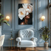 Elegant Black Art Painting African American Woman With Peony Head Surreal Floral Portrait Pink And White Flower Wall Art Gift - Framed, Vertical - 裱框畫布 - 查看 6