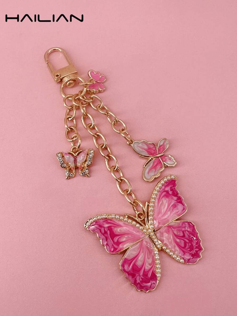 HAILIAN A Metal Chain Bag Pendant Made Of Alloy Material About Butterfly, Gradient Butterfly, Pearl Butterfly, Butterfly Inlaid With Diamonds, It Can Be Used As A Bag Pendant, Car Key Chain, Birthday Holiday Gift - Hot Pink - View 1