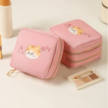 1pc Cartoon Cat Double-Layer Sanitary Pad Storage Bag, Lipstick Foundation Eyeshadow Cosmetic Organizer Bag, Large Capacity Portable Feminine Hygiene Pad Pouch, Wallet, Purse In Purse, Valentine's Day Gift, Back To School - Multicolor - View 7