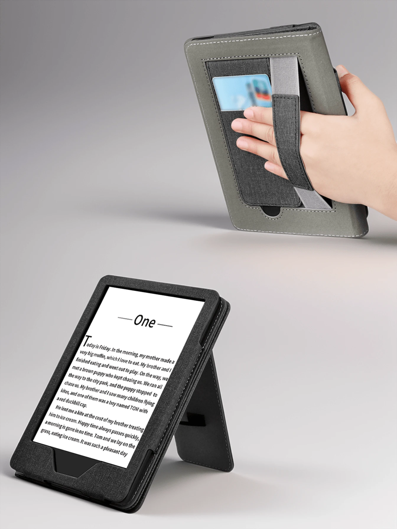 支架保护套适用于 7 英寸 Kindle Paperwhite 第 12 代 2024、6 英寸 Kindle 第 11 代 2024、Kindle Paperwhite 第 11 代 2021、Kindle 第 11 代 2022 发行版 6 英寸、带手带和卡槽的对开式保护套（黑色） - 黑色 - 查看 1