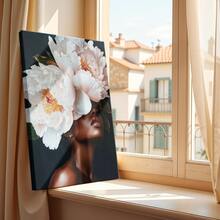 Elegant Black Art Painting African American Woman With Peony Head Surreal Floral Portrait Pink And White Flower Wall Art Gift - Framed, Vertical - 裱框畫布 - 查看 11
