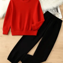 Kit Conjunto Feminino Moletom Gola Redonda Careca e Calça Flanelado Estampado Liso Básico Quente Confortável - Vermelho - Visão 3