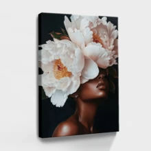 Elegant Black Art Painting African American Woman With Peony Head Surreal Floral Portrait Pink And White Flower Wall Art Gift - Framed, Vertical - 裱框畫布 - 查看 2
