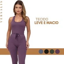 Kit 03 Conjunto Feminino Legging e Top Canelado Alça Grossa Regata Esportivo Fitness Casual Academia Exercicio - Roxo / Cinza / Verde - Visão 3