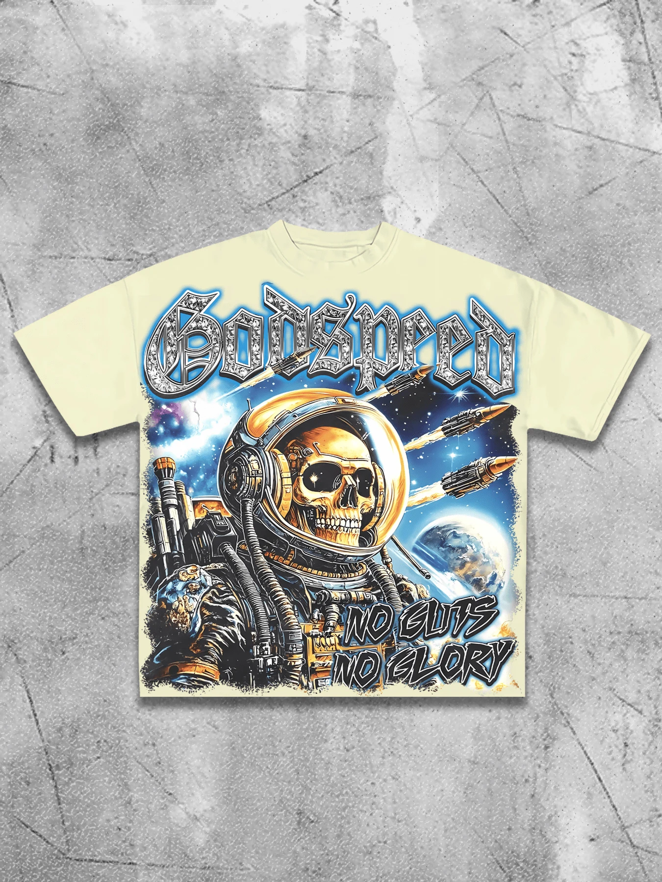 (220 Cotton T-Shirt)Men's Y2K Science Fiction Skull Astronaut Tee - "NO GUTS NO GLORY"  Design  Graphic T Shirt, Loose Cotton Tee,Suitable For Young Men And Women To Wear For Casual. - 米色 - 查看 1